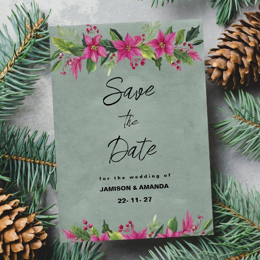 Invitation Vert rose hiver floral Noël Sauver la date