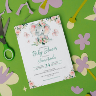 Invitation Vert rose mignon Baby shower de cadre d'éléphant F
