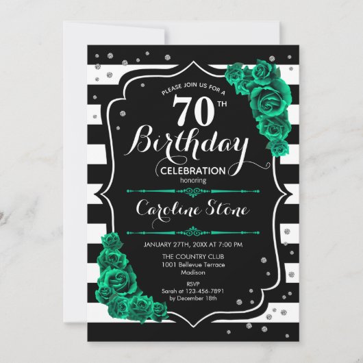Invitation Vert Rose noir blanc rayures 70e anniversaire (Devant)
