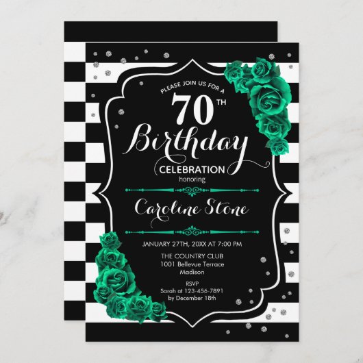 Invitation Vert Rose noir blanc rayures 70e anniversaire (Devant / Derrière)