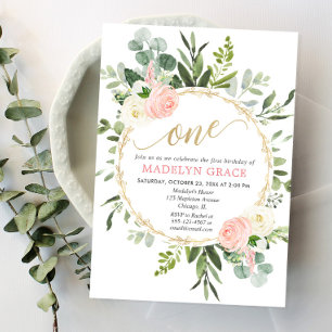 Invitation Vert rose or élégant fille 1er anniversaire