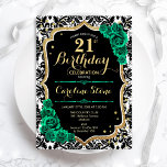 Invitation Vert Rose Or noir Damas 21e anniversaire<br><div class="desc">Invitation de fête du 21e anniversaire. Design vert émeraude floral élégant avec de l'or parties scintillant et des roses. Fonctionne en noir et blanc damas motif et police de script. Idéal pour une célébration anniversaire féminine élégante. Peut être customisé pour n'importe quel âge ! Invitations Zazzle imprimées ou téléchargement instantané...</div>