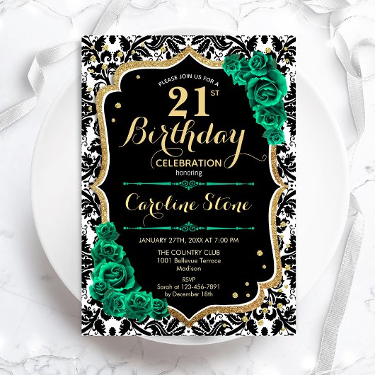 Invitation Vert Rose Or noir Damas 21e anniversaire