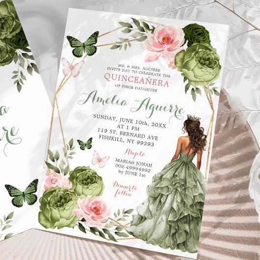 Invitation Vert rose pâle Sage Floral mexicain Quinceañera