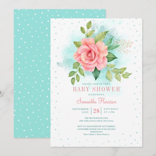 Invitation Vert rose Turquoise Ombre Floral Aquarelle Rose (Devant / Derrière)