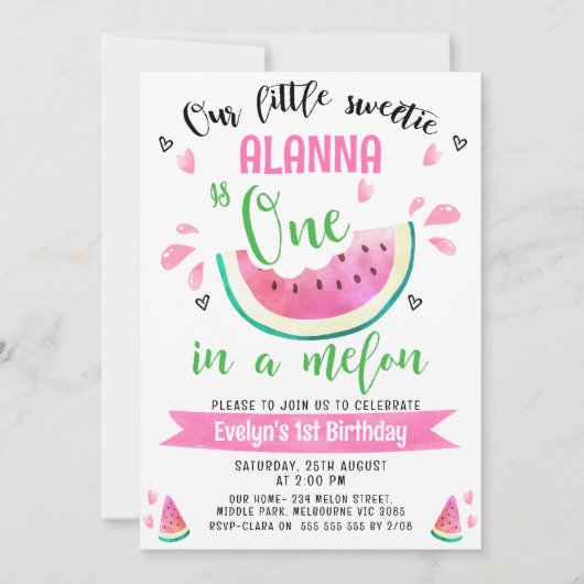 Invitation Vert Rose Un Dans Un Melon 1er Anniversaire (Devant)