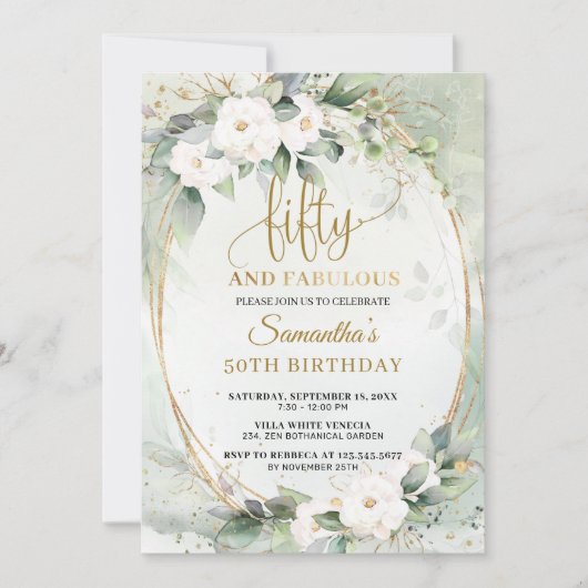 Invitation Vert Roses blanches eucalyptus cinquante et fabule (Devant)