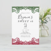 Invitation Vert & Rouge Dentelle Elégant Fiesta Douce Fête 16 (Debout devant)