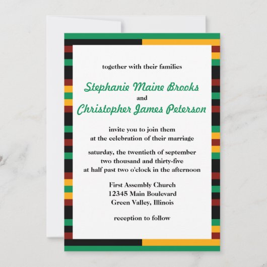 Invitation Vert, Rouge foncé, Rayures en tissu Kente Jaune (Devant)
