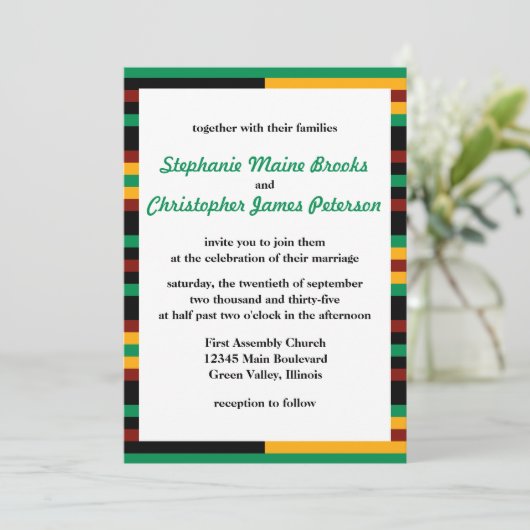 Invitation Vert, Rouge foncé, Rayures en tissu Kente Jaune (Debout devant)