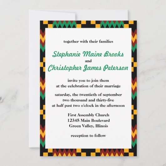 Invitation Vert, Rouge foncé, Tissu Kente Jaune (Devant)