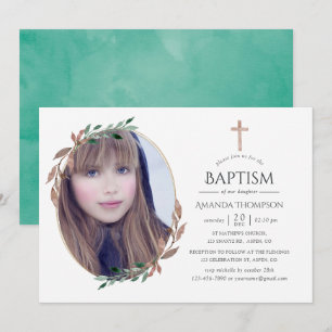 Invitation Vert rustique hivernal Baptême ou Christening