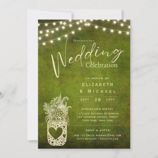 Invitation Vert Rustique Mason Jar Mariage DIGITAL Imprimer (Devant)