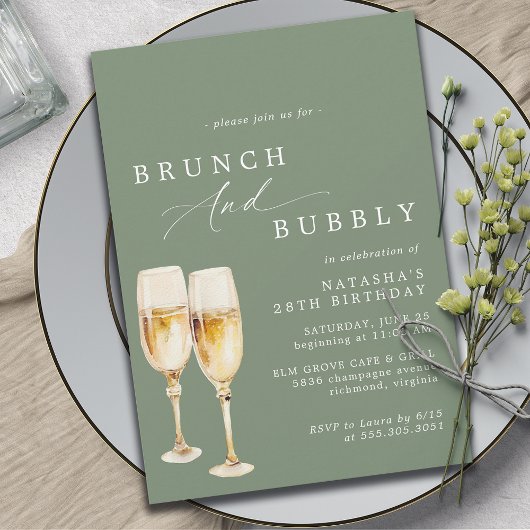 Invitation Vert sage | Champagne Anniversaire Brunch & Bubbly