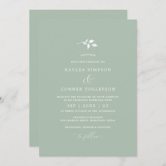 Invitation Vert Sage clair Mariage Simple Élégant Classique (Devant / Derrière)