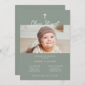 Invitation Vert sage minimaliste photo baptême baptême (Devant / Derrière)