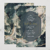 Invitation Vert sarcelle Crème Aquarelle Or Mariage Céleste (Devant / Derrière)