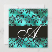 INVITATION VERT SATIN DAMASSÉ EN SOIE TURQUOISE MONOGRAMME (Devant)