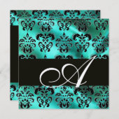 INVITATION VERT SATIN DAMASSÉ EN SOIE TURQUOISE MONOGRAMME (Devant / Derrière)