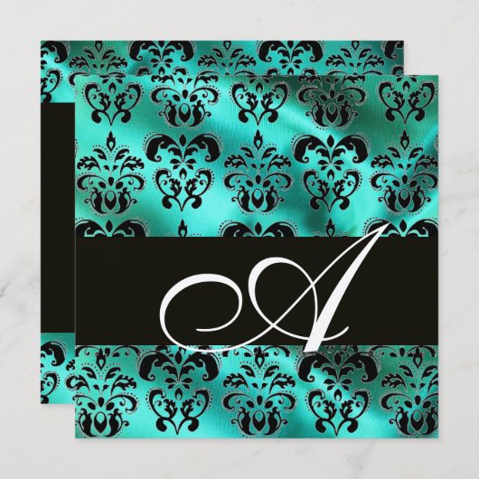 INVITATION VERT SATIN DAMASSÉ EN SOIE TURQUOISE MONOGRAMME (Devant / Derrière)