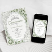 Invitation Vert sauge Argent Floral Quinceanera