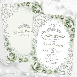 Invitation Vert sauge Argent Floral Quinceanera