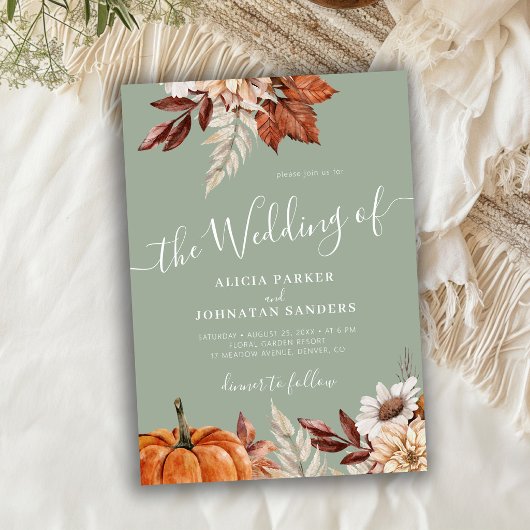 Invitation Vert sauge automne boho botanique mariage