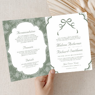 Invitation Vert Sauge Blanc Dentelle Coquette Nœud Code QR Ma