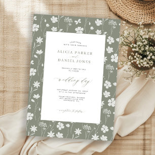 Invitation Vert sauge blanc floral jardin mariage sauvage