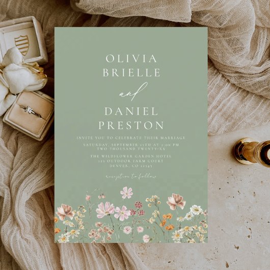 Invitation Vert sauge Boho Fleurs sauvages Mariage rustique d