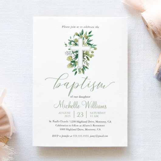 Invitation Vert sauge calligraphie baptême