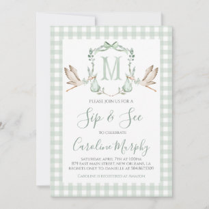 Invitation Vert sauge cigogne Sip & See Gingham chic
