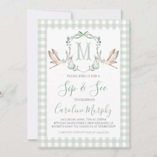 Invitation Vert sauge cigogne Sip & See Préparatoire Gingham (Devant)