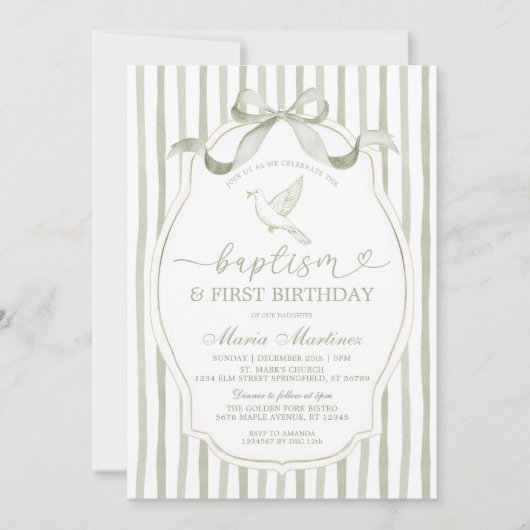 Invitation Vert sauge colombe baptême premier anniversaire (Devant)