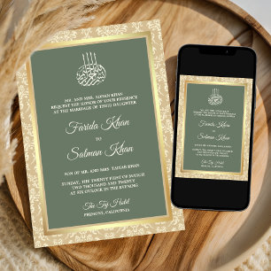Invitation Vert sauge Crème Damas Mariage Islamique Musulman