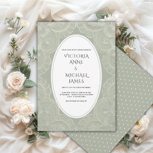 Invitation Vert sauge dentelle mariage fantaisiste vintage