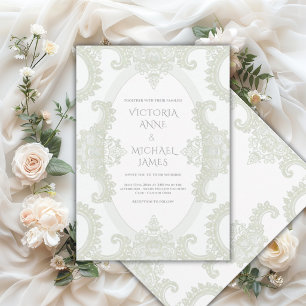 Invitation Vert sauge dentelle mariage fantaisiste vintage
