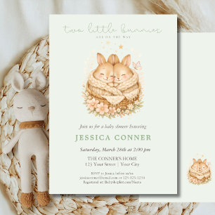 Invitation Vert Sauge Deux Petits Lapins Fête de Naissance Ju
