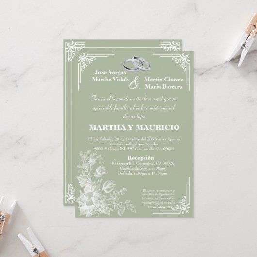 Invitation Vert sauge Élégant Notre Mariage  (Devant/Arrière en situation)