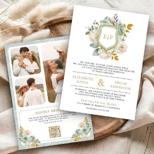 Invitation Vert sauge et ivoire Crête de code QR floral Maria