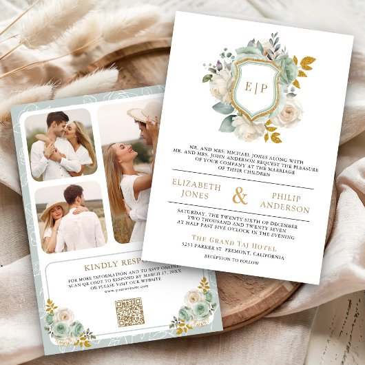 Invitation Vert sauge et ivoire Crête de code QR floral Maria