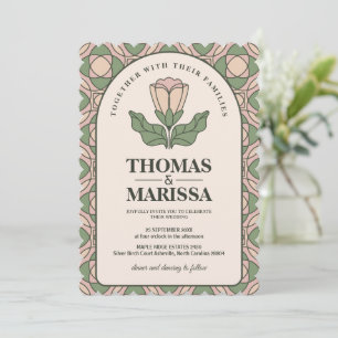 Invitation Vert sauge et rose, mariage floral Art nouveau