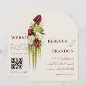 Invitation Vert sauge & Fleurs de mariage en code QR arqué (Devant / Derrière)