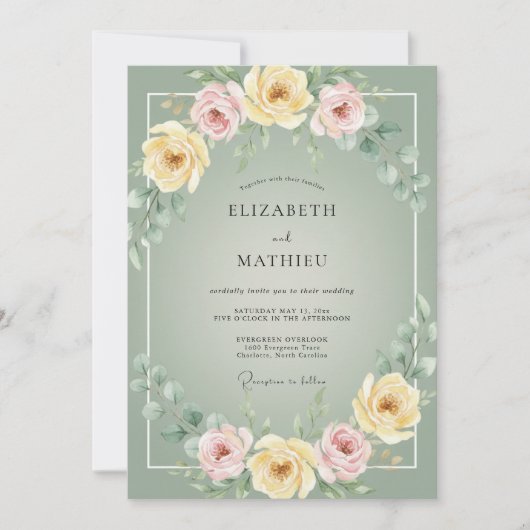 Invitation Vert sauge Fleurs douces Mariage fleuri (Devant)