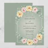 Invitation Vert sauge Fleurs douces Mariage fleuri (Devant / Derrière)