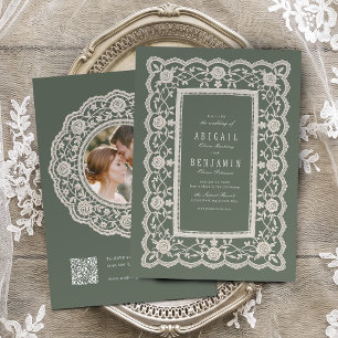 Invitation Vert sauge floral dentelle classique mariage vinta
