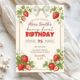 Invitation Vert sauge floral fraise baie premier anniversaire