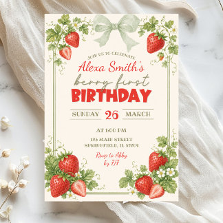 Invitation Vert sauge floral fraise baie premier anniversaire