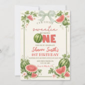Invitation Vert sauge floral Pastèque Premier Anniversaire (Devant)
