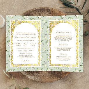 Invitation Vert sauge floral tout-en-un mariage indien or
